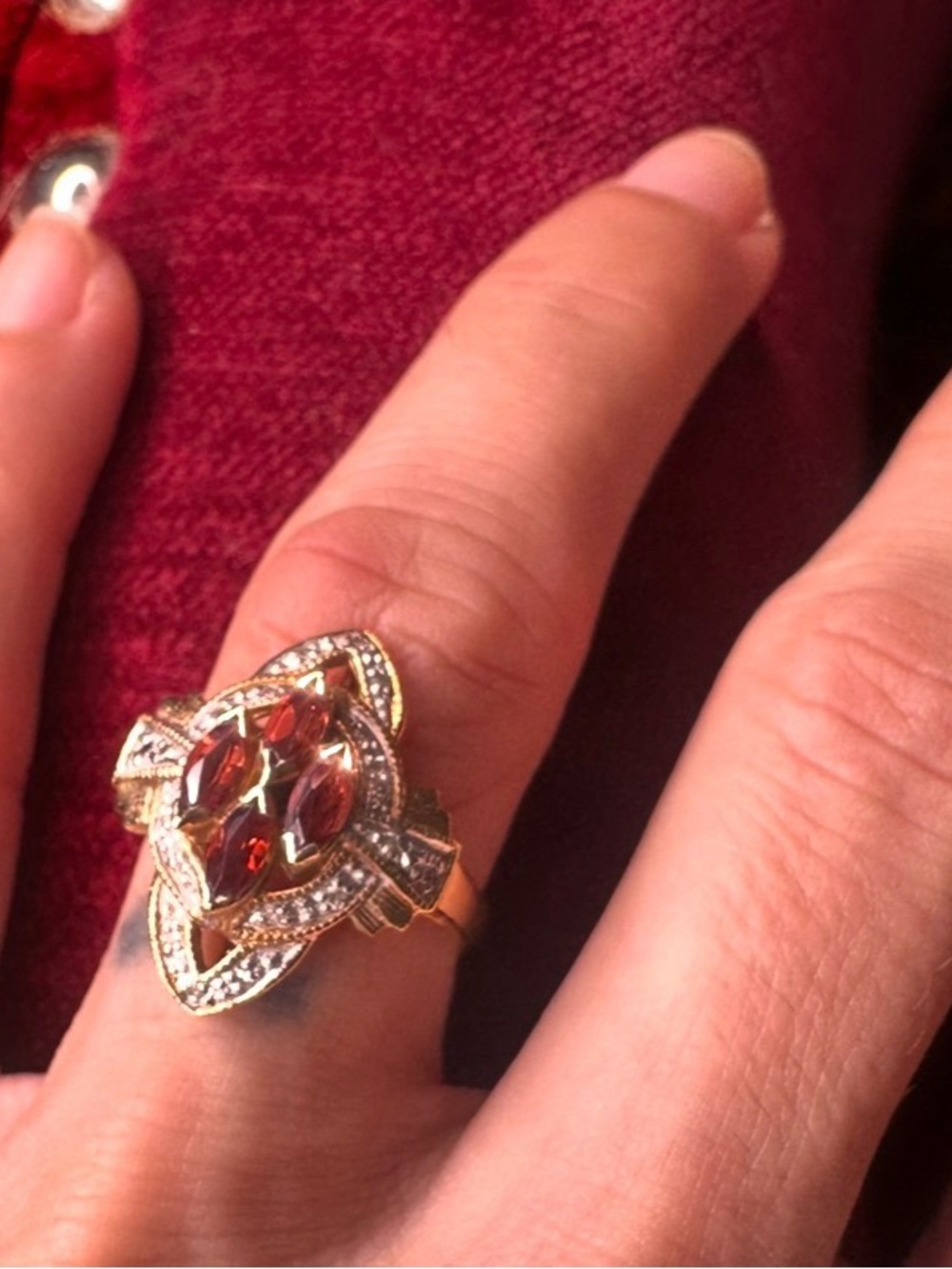 Antique 10k Yellow Gold Garnet and Diamond Art Deco Ring / Vintage Garnet ring